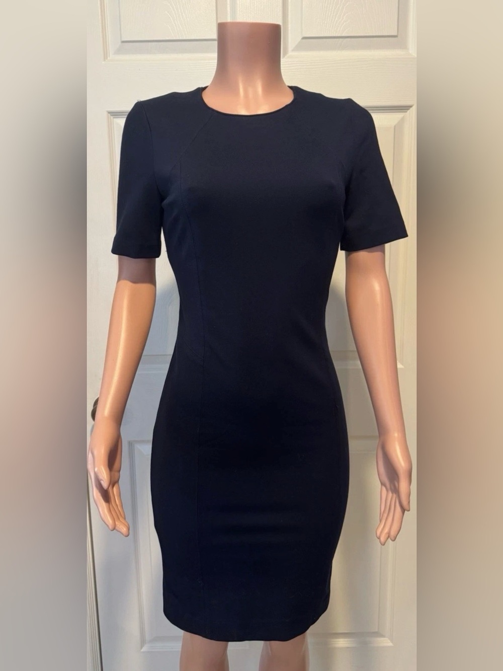 Tahari Navy Short-Sleeve Midi Sheath Dress